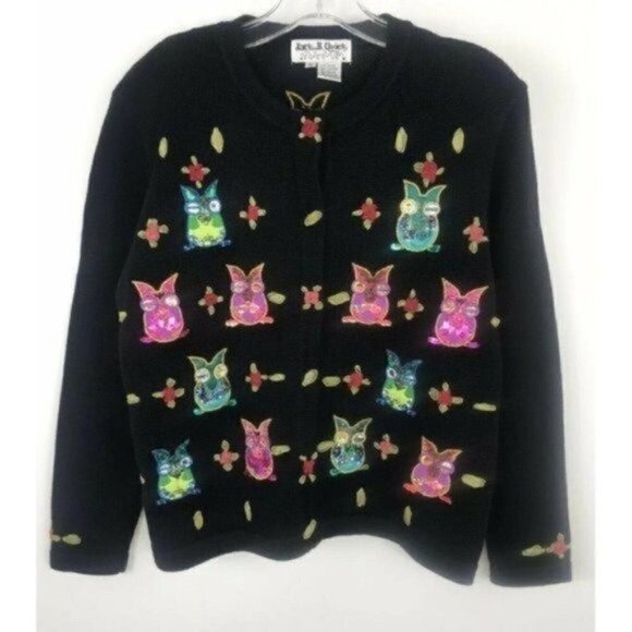 JACK B Quick Owl Sweater Women's embellished beads sequins embroidered medium - Picture 2 of 11